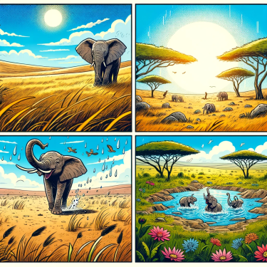 DALL·E 2024-01-23 14.41.19 - Create a four-panel comic strip without text, illustrating the following scenes from a poem_ Panel 1_ A vast savanna landscape with swaying grasses an